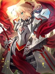 Rule 34 | 1girl, aora, armor, armored dress, breastplate, clarent (fate), day, fate/apocrypha, fate (series), gauntlets, green eyes, grin, holding, holding sword, holding weapon, horns, mordred (fate), mordred (fate/apocrypha), pauldrons, pelvic curtain, ponytail, shoulder armor, sky, smile, solo, sword, teeth, twitter username, weapon
