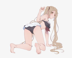 Rule 34 | 1girl, adapted costume, all fours, ass, barefoot, bikini, blonde hair, blush, breasts, brown eyes, commentary request, emia wang, frilled bikini, frills, from behind, full body, grey background, hair ribbon, hand up, kantai collection, long hair, looking at viewer, looking back, medium breasts, murasame (kancolle), parted lips, ribbon, simple background, solo, swimsuit, tan, tanline, twintails, very long hair, white background