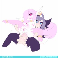 Rule 34 | 2boys, ahoge, anal, blue eyes, blue hair, bracelet, chatai (character), cum, cum in ass, dusty (nedoiko), earrings, ejaculation, eyebrows, eyelashes, fangs, foreskin, full body, hair over one eye, happy sex, highres, hoshi (nedoiko), huge penis, inflation, jewelry, large insertion, male focus, male penetrated, monster boy, multiple boys, nude, open mouth, orgasm, original, penis, pink eyes, pink hair, pointy ears, reverse suspended congress, sex, sex from behind, sex toy, slit pupils, small penis, smile, spread legs, stomach bulge, tail, testicles, thick eyebrows, thick thighs, thighhighs, thighs, trap, uncensored, vibrator, white background, yaoi