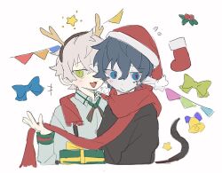 Rule 34 | 2boys, arknights, bell, black sweater, blue bow, blue eyes, blue hair, bow, closed mouth, collared shirt, fake antlers, faust (arknights), gift, green bow, green ribbon, hat, mephisto (arknights), multiple boys, neck ribbon, open mouth, pale skin, pointy ears, red headwear, red pupils, red scarf, ribbon, santa hat, scales, scarf, shared clothes, shared scarf, shirt, simple background, smile, snake tail, south ac, sweater, tail, upper body, white background, white shirt