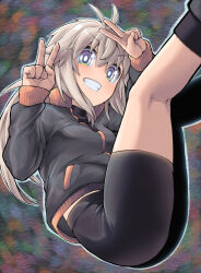 Rule 34 | 1girl, arm up, ass, bike shorts, black footwear, black shorts, black socks, brown hair, commentary request, double v, feet out of frame, grey jacket, grin, hair between eyes, hand up, highres, jacket, kneepits, koshirae tsurugi (m.m), legs up, long hair, long sleeves, low ponytail, m.m, original, ponytail, puffy long sleeves, puffy sleeves, purple eyes, shorts, sleeves past wrists, smile, socks, solo, v, v-shaped eyebrows