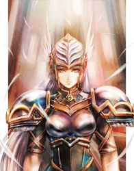 Rule 34 | armor, blue armor, blue eyes, feathers, female focus, gold trim, helmet, highres, lenneth valkyrie, looking at viewer, portrait, shoulder armor, silver hair, solo, sushi (sashimise), valkyrie, valkyrie profile (series), winged helmet