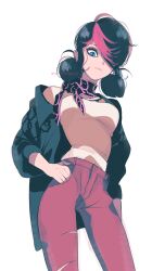 Rule 34 | 1girl, black hair, black jacket, blue eyes, blue hair, closed mouth, hand in pocket, highres, jacket, looking down, marinette dupain-cheng, miraculous ladybug, open clothes, open jacket, pants, pink pants, seio (nao miragggcc45), shawl, shirt, short twintails, simple background, solo, twintails, white background, white shirt