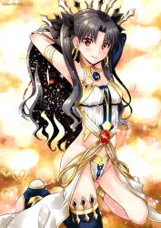 Rule 34 | 1girl, anklet, armlet, armpits, arms behind head, arms up, artist name, asymmetrical legwear, bare arms, bare legs, bare shoulders, black hair, black ribbon, black thighhighs, blush, brown hair, closed mouth, crown, earrings, fate/grand order, fate (series), female focus, gem, gluteal fold, groin, hair hold, hair ribbon, heart, highres, hoop earrings, ishtar (fate), jewelry, kneeling, legs, light particles, lips, long hair, looking at viewer, neck, neck ring, red eyes, revealing clothes, ribbon, sato-pon, single thighhigh, smile, solo, strapless, thighhighs, thighlet, thighs, toeless legwear, toes, tohsaka rin, twitter username, two side up, type-moon, uneven legwear, waist cape