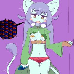 Rule 34 | 1girl, bandaid, bandaids on nipples, breasts, cat, female focus, furry, furry female, looking at viewer, navel, nipples, no bra, open mouth, panties, pasties, pink background, purple hair, red panties, simple background, solo, the amboina, trembling, underwear, yellow eyes