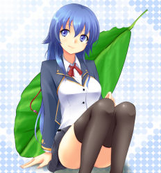 Rule 34 | blue eyes, blue hair, censored, character request, convenient censoring, convenient leg, leaf, regdic, sitting, solo, thighhighs, zettai ryouiki