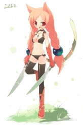 Rule 34 | animal ears, bra, braid, cat ears, cat tail, character request, dual wielding, gloves, holding, lingerie, long hair, panties, solo, source request, sword, tail, thighhighs, twin braids, ume soba, underwear, underwear only, weapon