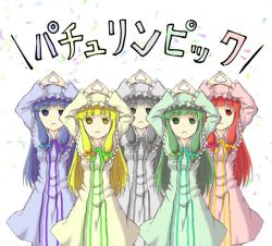 Rule 34 | 5girls, :&lt;, alternate color, arms up, blonde hair, blue dress, blue eyes, blue hair, blue hat, commentary request, dot nose, dress, frilled sleeves, frills, green dress, green eyes, green hair, green hat, green headwear, grey dress, grey eyes, grey hair, grey hat, hat, long sleeves, mob cap, multiple girls, multiple persona, one-hour drawing challenge, patchouli knowledge, pink dress, pink hat, red eyes, red hair, touhou, translation request, triangle, yantaro sun, yellow dress, yellow eyes, yellow hat