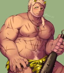 Rule 34 | 1boy, abs, animal print, bara, beard, bulge, club, club (weapon), cowboy shot, cross scar, facial hair, fangs, full beard, green eyes, hiramushi (yusan 137), kanabou, kresnik (housamo), large hands, large pectorals, looking at viewer, looking to the side, male focus, mature male, multiple scars, muscular, muscular male, navel, navel hair, nipples, oni costume, pectorals, scar, scar on face, scar on forehead, setsubun, solo, spiked club, standing, stomach, strongman waist, thick beard, thick eyebrows, thick navel hair, thick thighs, thighs, tiger print, tokyo houkago summoners, topless male, weapon, white hair