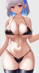 Rule 34 | 1girl, absurdres, asamura hiori, bare shoulders, bikini, black bikini, black thighhighs, blue hair, blush, breasts, cleavage, closed mouth, collarbone, commentary request, cowboy shot, earrings, grey hair, groin, hair between eyes, hand up, highres, jewelry, large breasts, looking at viewer, multicolored hair, navel, original, red eyes, sidelocks, simple background, skindentation, smile, solo, standing, stomach, stud earrings, swimsuit, thigh gap, thighhighs, two-tone hair, underboob, white background