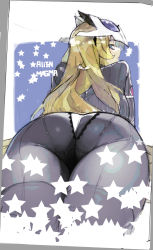 Rule 34 | 1girl, alien magma, ass, back-seamed legwear, blonde hair, blue eyes, bodysuit, character name, from behind, hat, highres, huge ass, long hair, looking back, lying, namaniku atk, on stomach, pantylines, seamed legwear, simple background, skin tight, solo, star (symbol), thick thighs, thighs, ultraman leo (series), wide hips