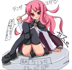 Rule 34 | 00s, 1girl, artist request, black thighhighs, cape, character name, crossed legs, full body, long hair, louise francoise le blanc de la valliere, oekaki, pentacle, pink eyes, pink hair, shoes, sitting, skirt, smile, solo, thighhighs, translation request, white background, zero no tsukaima, zettai ryouiki