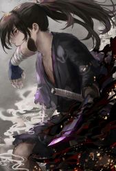 Rule 34 | 1boy, amputee, bandaged arm, bandages, black hair, blue gloves, brown eyes, dororo (tezuka), gloves, grey background, highres, hyakkimaru (dororo), japanese clothes, long hair, looking away, male focus, mouth hold, ponytail, prosthesis, prosthetic arm, prosthetic weapon, sa nomaru, solo, torn clothes