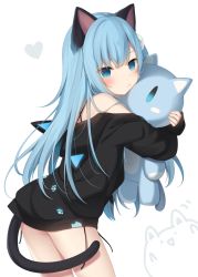 Rule 34 | 1girl, :t, amashiro natsuki, animal ears, bare shoulders, black jacket, blue eyes, blue hair, blush, cat ears, cat girl, cat tail, closed mouth, commentary request, eyebrows hidden by hair, hair between eyes, hair ornament, heart, highres, jacket, long hair, long sleeves, looking at viewer, looking to the side, no pants, hugging object, off shoulder, one side up, original, simple background, sleeves past wrists, solo, stuffed animal, stuffed cat, stuffed toy, tail, very long hair, white background