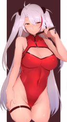 Rule 34 | 1girl, antenna hair, azur lane, bare shoulders, blush, breasts, cleavage, cleavage cutout, closed mouth, clothing cutout, collarbone, commentary request, covered navel, cowboy shot, hair between eyes, hand fan, highleg, highleg leotard, highres, holding, holding fan, kameponde, large breasts, leotard, long hair, looking at viewer, mole, mole on breast, multicolored hair, nose blush, orange eyes, orange leotard, prinz eugen (azur lane), red hair, silver hair, smile, solo, standing, streaked hair, swept bangs, thigh strap, two side up, very long hair