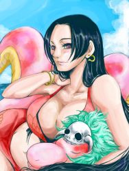 Rule 34 | 1girl, bikini, black hair, blue eyes, boa hancock, breasts, chibaco, cleavage, earrings, female focus, jewelry, large breasts, one piece, salome (one piece), snake, solo, swimsuit