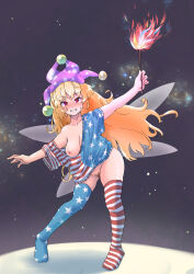 Rule 34 | 1girl, absurdres, american flag legwear, american flag print, american flag shirt, blonde hair, blush, breasts, clownpiece, commentary, fairy wings, fire, full body, hat, highres, hits (hitstts), holding, holding torch, jester cap, long hair, looking at viewer, medium breasts, nipples, one breast out, outdoors, print shirt, purple hat, red eyes, shirt, smile, solo, space, standing, star (symbol), star print, striped clothes, striped shirt, striped thighhighs, thighhighs, torch, touhou, wings