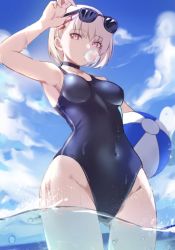 Rule 34 | 1girl, bad id, bad twitter id, bare shoulders, blush, breasts, blowing bubbles, chewing gum, competition swimsuit, highres, looking at viewer, medium breasts, one-piece swimsuit, original, purple eyes, short hair, solo, spider apple, swimsuit, thighs, white hair