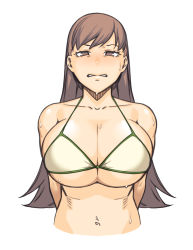 Rule 34 | 1girl, blush, breasts, brown hair, cleavage, clenched teeth, dyun, highres, huge breasts, kantai collection, large breasts, long hair, looking at viewer, navel, ooi (kancolle), simple background, solo, sweat, teeth, white background