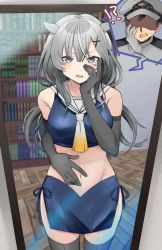 Rule 34 | !?, 1girl, absurdres, admiral (kancolle), black gloves, black thighhighs, blush, body switch, book, bookshelf, commission, cowboy shot, crop top, elbow gloves, gloves, grey eyes, grey hair, grey neckerchief, groin, hair between eyes, hair ornament, headgear, highres, i-201 (kancolle), kantai collection, long hair, mirror, mirror image, mole on body, navel, neckerchief, open mouth, personality switch, pixiv commission, sailor collar, solo, thighhighs, toriniku senshi chikinman, white sailor collar, x hair ornament