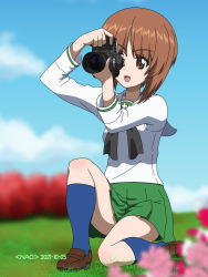 Rule 34 | 1girl, artist name, blue sky, blue socks, blurry, blurry background, blurry foreground, camera, cloud, cloudy sky, commentary request, dated, depth of field, girls und panzer, grass, highres, holding, holding camera, looking to the side, naotosi, nishizumi miho, on one knee, open mouth, outdoors, short hair, single-lens reflex camera, sky, smile, socks, solo, taking picture