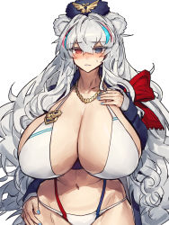 Rule 34 | 1girl, adapted costume, alternate breast size, animal ears, arknights, bear ears, bikini, blue eyes, blue hair, blue hat, blue jacket, blue nails, blush, breasts, cleavage, commentary, cowboy shot, embarrassed, emblem, fur hat, hair between eyes, hand on own chest, hat, heterochromia, highres, huge breasts, imagining, jacket, jewelry, light blue hair, long hair, looking at viewer, melon22, midriff, multicolored hair, nail polish, navel, necklace, open clothes, open jacket, pink hair, red eyes, rosa (arknights), silver hair, simple background, solo, streaked hair, sweatdrop, swimsuit, thought bubble, ursus empire logo, very long hair, wavy hair, white background, white bikini