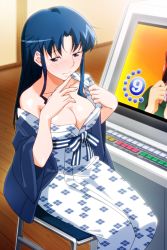 Rule 34 | 1girl, arcade cabinet, blue eyes, blue hair, blush, breasts, chair, cleavage, feet out of frame, fujiwara aya, japanese clothes, kimono, large breasts, long hair, off shoulder, official art, on chair, sitting, solo, super real mahjong, tanaka ryou