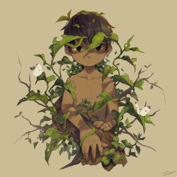 Rule 34 | 1boy, black eyes, branch, brown background, brown hair, bug, butterfly, caterpillar, child, closed mouth, dark-skinned male, dark skin, expressionless, insect, leaf, looking at viewer, male focus, nature, noeyebrow (mauve), original, signature, simple background, solo, topless male, upper body
