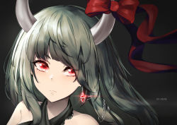 Rule 34 | 1girl, alternate costume, bare shoulders, black background, character name, drop earrings, earrings, ex-keine, expressionless, gem, glowing, gradient background, green hair, halterneck, highres, horn ornament, horn ribbon, horns, jewelry, kamishirasawa keine, leaning to the side, long hair, looking at viewer, red eyes, red gemstone, ribbon, single earring, solo, touhou, upper body, very long hair, wakamepiza