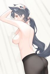 Rule 34 | 1girl, absurdres, animal ears, arknights, arm up, ass, black hair, black pantyhose, breasts, cowboy shot, extra ears, highres, holding, holding hair, long hair, looking at viewer, medium breasts, nipples, pantyhose, sideways glance, solo, tail, texas (arknights), topless, very long hair, wl217 (nicexa111), wolf ears, wolf girl, wolf tail