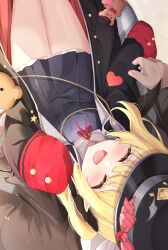 Rule 34 | 1boy, 1girl, absurdres, black skirt, blonde hair, blue archive, blush, closed eyes, commentary request, flasher (flasher ura), hat, heart, hetero, highres, ibuki (blue archive), military hat, open mouth, peaked cap, school uniform, sitting, sitting on lap, sitting on person, skirt, smile, solo focus, stuffed animal, stuffed toy, teddy bear, upside-down, variant set