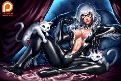 Rule 34 | 1girl, bed, black cat (marvel), bodysuit, breasts, cat, cleavage, domino mask, felicia hardy, fur trim, kuroi-tsuki, marvel, mask, pillow, reclining, silver hair, spider-man (series), spread legs, tail