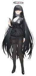 Rule 34 | 1girl, black footwear, black hair, black pantyhose, black skirt, black suit, blue archive, blunt bangs, bright pupils, formal, full body, hair ornament, hairclip, halo, highres, holding, holding tablet pc, holster, holstered, id card, long hair, pantyhose, pleated skirt, pouch, red eyes, rio (blue archive), skirt, sorotu, standing, suit, sweater, tablet pc, thigh holster, thigh pouch, thigh strap, turtleneck, turtleneck sweater, white background, white sweater