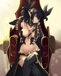 Rule 34 | 1girl, absurdres, bare shoulders, bird, black dress, black hair, breasts, cleavage, crossed legs, detached collar, detached sleeves, dress, fate/apocrypha, fate/grand order, fate (series), gold, groin, hand on own cheek, hand on own face, head tilt, highres, jewelry, large breasts, long hair, looking at viewer, lowleg, navel, necklace, nekobell, pointy ears, revealing clothes, semiramis (fate), sitting, solo, thighhighs, thighs, throne, very long hair, yellow eyes