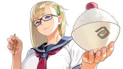 Rule 34 | 1girl, asymmetrical bangs, black-framed eyewear, blonde hair, blouse, blue eyes, bowl, breasts, character request, chopsticks, copyright request, glasses, go robots, green ribbon, hair ornament, hair ribbon, highres, holding, large breasts, looking down, nail polish, pink nails, plump, red ribbon, ribbon, rice, school uniform, serafuku, shirt, side ponytail, simple background, smirk, solo, upper body, white background, white shirt