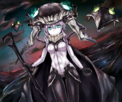Rule 34 | 10s, 1girl, abyssal ship, aqua eyes, bad id, bad pixiv id, blue eyes, bodysuit, cape, colored skin, departed, enemy aircraft (kancolle), gloves, glowing, glowing eyes, hat, kantai collection, looking at viewer, monster, pale skin, pants, personification, short hair with long locks, solo, staff, teeth, white hair, white skin, wo-class aircraft carrier