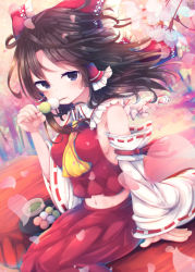 Rule 34 | 1girl, ascot, bad id, bad pixiv id, bare shoulders, beni shake, black eyes, black hair, blurry, bow, breasts, commentary request, dango, detached sleeves, eating, food, frilled bow, frills, hair bow, hair ribbon, hair tubes, hakurei reimu, looking at viewer, medium breasts, midriff, navel, red bow, red ribbon, red skirt, ribbon, ribbon-trimmed sleeves, ribbon trim, sideboob, sidelocks, skirt, solo, touhou, wagashi