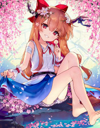 Rule 34 | 1girl, ainy, bandaged arm, bandages, bare arms, bare legs, bare shoulders, barefoot, belt, black belt, bloomers, blue ribbon, blue skirt, blush, bow, breasts, cherry blossoms, collarbone, commentary request, dandelion, flower, grin, hair between eyes, hair bow, hair flower, hair ornament, hand up, head tilt, holding, holding flower, horn ornament, horn ribbon, horns, ibuki suika, knees up, long hair, looking at viewer, miniskirt, neck ribbon, oni, oni horns, orange hair, outdoors, petals, red bow, red eyes, red ribbon, ribbon, shirt, sitting, skirt, skirt hold, sleeveless, sleeveless shirt, small breasts, smile, solo, thighs, touhou, underwear, white bloomers, white flower, white shirt, wrist cuffs