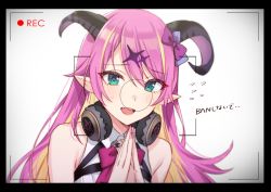 Rule 34 | 1girl, :d, asymmetrical horns, bare shoulders, blonde hair, blush, breasts, demon horns, green eyes, hair between eyes, hair ornament, headphones, headphones around neck, hololive, horns, long hair, looking at viewer, mano aloe, multicolored hair, nail polish, open mouth, own hands together, pink hair, pointy ears, recording, smile, sweatdrop, tomari (veryberry00), two-tone hair, uneven horns, viewfinder, virtual youtuber