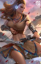 Rule 34 | 1girl, absurdres, aloy (horizon), arrow (projectile), beads, bow (weapon), braid, breasts, brown hair, cleavage, drawing bow, earpiece, green eyes, hair beads, hair ornament, highres, holding, holding bow (weapon), holding weapon, horizon (video game), horizon zero dawn, jewelry, lips, long hair, medium breasts, midriff, multiple braids, navel, necklace, nopeys, realistic, solo, tribal, watermark, weapon, web address