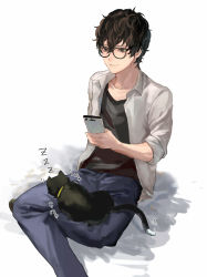 Rule 34 | 1boy, amamiya ren, animal, animal on lap, black-framed eyewear, black eyes, black hair, black shirt, blue pants, cat, cat on lap, cellphone, closed mouth, collarbone, collared shirt, glasses, grey shirt, hair between eyes, hanimo0404, highres, holding, holding phone, leaning back, male focus, morgana (persona 5), on lap, open clothes, open shirt, pants, persona, persona 5, phone, shirt, simple background, sleeping, smartphone, smile, solo, taking picture, white background, wing collar, zzz