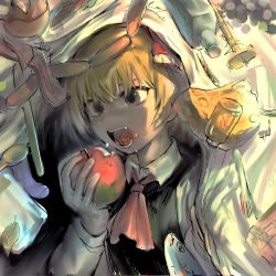 Rule 34 | 1girl, alternate eye color, apple, ascot, bacon, black eyes, black vest, blonde hair, cheese, collared shirt, eating, flat chest, food, fork, fruit, hakonnbo, holding, holding food, holding fruit, looking afar, open mouth, red apple, red ascot, rumia, sausage, shirt, short hair, solo, touhou, upper body, vest, white shirt