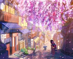 Rule 34 | 1boy, 1girl, 1other, baby, barefoot, black hair, black hakama, black skirt, blue kimono, building, carrying, child, cityscape, closed eyes, ema3, facing another, facing viewer, falling petals, flower, from behind, geta, hakama, highres, holding, japanese clothes, kimono, long sleeves, medium hair, open mouth, original, outdoors, petals, piggyback, pink flower, plant, pouch, road, scenery, short hair, sign, skirt, standing, street, striped clothes, striped kimono, translation request, two-tone kimono, vertical-striped clothes, vertical-striped kimono, white kimono, wide sleeves, yellow kimono