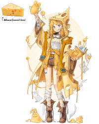 Rule 34 | 1girl, absurdres, bandages, bandaid, bandaid on leg, blonde hair, blue bow, blue eyes, book, boots, bow, bracelet, brown footwear, brown shorts, chain, cheese, food, goggles, goggles around neck, highres, holding, holding book, hood, hood up, jewelry, long sleeves, original, paper, personification, potion, print shirt, rinotuna, shirt, shorts, simple background, solo, swiss cheese, tongue, tongue out, white background, white shirt, yellow cloak