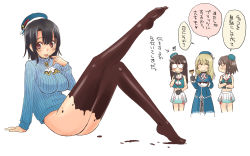 Rule 34 | 4girls, absurdres, ascot, atago (kancolle), black hair, blue headwear, bowl, breasts, brown eyes, chocolate, chocolate on body, chocolate on legs, choukai (kancolle), commentary request, cropped legs, food on body, highres, kantai collection, large breasts, looking at viewer, maya (kancolle), military, military uniform, multiple girls, no panties, paintbrush, pantyhose, ribbed sweater, short hair, sitting, solo focus, sweater, takao (kancolle), translation request, uniform, uona telepin, white ascot
