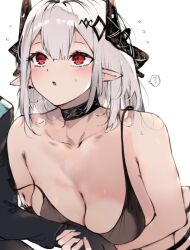 Rule 34 | 1girl, 1other, ?, arknights, bare arms, bare shoulders, black camisole, black horns, breasts, camisole, cleavage, collarbone, commentary request, crop top, demon girl, demon horns, highres, holding hands, horns, infection monitor (arknights), kyuu (plastic night q), large breasts, long hair, looking at another, mudrock (arknights), mudrock (elite ii) (arknights), open mouth, paid reward available, pointy ears, red eyes, spaghetti strap, spoken question mark, strap slip, white hair