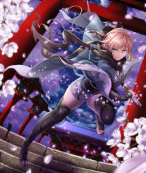 Rule 34 | absurdres, architecture, black bow, bow, cherry blossoms, dutch angle, east asian architecture, fate/grand order, fate (series), full body, hasaya, highres, japanese clothes, katana, koha-ace, looking at viewer, night, okita souji (fate), okita souji (koha-ace), petals, running, scarf, sheath, shinsengumi, shrine, sky, smile, solo, stairs, star (sky), starry sky, sword, thighhighs, thighs, toes, torii, unsheathing, vambraces, weapon, wind, yellow eyes, zettai ryouiki