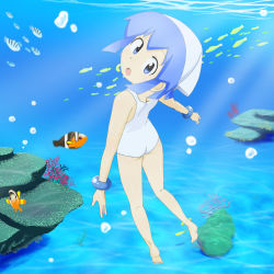 Rule 34 | 1girl, ass, barefoot, blue hair, bracelet, bubble, female focus, fish, gradient background, highres, ikamusume, jewelry, looking at viewer, looking back, nature, one-piece swimsuit, plant, sat-c, shinryaku! ikamusume, short hair, solo, swimsuit, underwater, white one-piece swimsuit