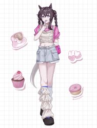 Rule 34 | 1girl, :3, absurdres, alternate costume, animal ears, arm behind back, blue nails, blush, braid, brown footwear, brown hair, commentary request, cup, cupcake, denim, denim shorts, ear ornament, food, frilled shirt, frills, full body, hair between eyes, highres, horse ears, horse girl, horse tail, jewelry, long hair, loose socks, midriff, multicolored hair, navel, necklace, open mouth, pink shirt, poyanchu, shirt, short sleeves, shorts, smile, socks, solo, streaked hair, tail, twin braids, twitter username, umamusume, vivlos (umamusume), white hair, white socks