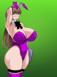 Rule 34 | 1girl, animal ears, arm up, armpits, book, bow, breasts, brown eyes, brown hair, cleavage, collar, curvy, fake animal ears, fishnet thighhighs, fishnets, glasses, hip focus, holding, huge breasts, koutarou, leotard, long hair, original, playboy bunny, rabbit ears, solo, standing, thick thighs, thighhighs, thighs, wide hips